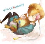  7ichigo absurdres adelie_(space_dandy) black_legwear blonde_hair green_eyes hair_bun highres looking_back lying on_back pantyhose solo space_dandy stuffed_animal stuffed_bird stuffed_toy 