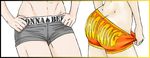  ass back blake_belladonna border character_name close-up clothes_writing dimples_of_venus flame_print from_side gradient grey_shorts groin hands_on_hips legs_together lower_body multiple_girls orange_shorts pulled_by_self rwby short_shorts shorts shorts_pull simple_background standing thighs toned white_background yang_xiao_long yaya_(y8ay8a) 