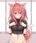  :o ahoge animal_ears belt belt_buckle black_legwear black_shirt blush breasts buckle cowboy_shot fox_ears fox_tail grey_background hair_intakes hands_on_own_chest impossible_clothes impossible_shirt jiino long_hair looking_at_viewer midriff mole mole_under_eye navel open_mouth original raika_(jiino) red_eyes red_hair shirt short_shorts shorts smile solo standing stomach tail wristband 
