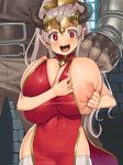  1girl aliza_(granblue_fantasy) bare_shoulders blush breasts china_dress chinese_clothes cleavage_cutout draph dress earrings gigantic_breasts granblue_fantasy hair_pulled_back hand_on_another's_shoulder heart heart-shaped_pupils hetero horns jewelry long_hair looking_at_viewer nipples obui open_mouth pointy_ears ponytail puffy_nipples red_dress red_eyes silver_hair solo_focus symbol-shaped_pupils thighhighs white_legwear 