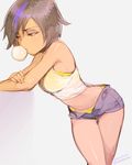  2015 big_hero_6 black_hair bubble_blowing chewing_gum eyeshadow gogo_tomago makeup multicolored_hair shatou_(c-com) short_shorts shorts solo sports_bra streaked_hair tank_top twitter_username 