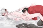  bed bed_sheet black_hair blush bottomless clenched_teeth clothed_male_nude_male demon_boy fellatio from_side hair_over_one_eye horns long_hair lying male_focus multiple_boys on_back open_shirt oral penis pillow saliva short_hair silver_hair sweat thighs wince yaoi 