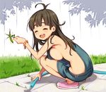  bangs breasts bug closed_eyes grass grasshopper hose insect large_breasts long_hair naked_overalls open_mouth oppai_loli outdoors overalls ryoji_(nomura_ryouji) sideboob solo squatting 