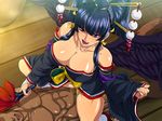  bare_shoulders black_hair black_wings blunt_bangs breasts censored clothed_female_nude_male collarbone dead_or_alive dead_or_alive_5 fan feathered_wings girl_on_top hair_ornament hair_stick hairpin highres japanese_clothes large_breasts makeup mole mole_under_mouth naughty_face nyotengu penis purple_eyes raburebo thighs tongue_out wings 