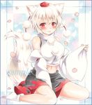  animal_ears bare_shoulders blush breasts colored_pencil_(medium) detached_sleeves hat inubashiri_momiji large_breasts looking_at_viewer marker_(medium) midriff navel pom_pom_(clothes) potto red_eyes sample short_hair silver_hair sitting solo tail tokin_hat touhou traditional_media wolf_ears wolf_tail 