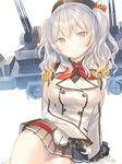  antiaircraft_weapon arm_support breasts crossed_legs epaulettes gun highres io_enishi kantai_collection kashima_(kantai_collection) large_breasts looking_at_viewer military military_uniform miniskirt pleated_skirt silver_eyes silver_hair skirt smile solo thighs turret twintails uniform weapon white_background 
