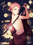  2015 blue_eyes dated egasumi holding holding_weapon idolmaster idolmaster_side-m japanese_clothes kabuto_daigo kikumon looking_back male_focus md5_mismatch pink_hair sarashi shiron_(shiro_n) signature solo sword weapon 