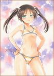  bikini black_hair blush border collarbone colored_pencil_(medium) francesca_lucchini green_eyes hair_ribbon hands_on_hips looking_at_viewer marker_(medium) midriff navel potto ribbon sample solo strike_witches striped striped_bikini swimsuit traditional_media twintails world_witches_series 
