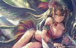  aztec breasts brown_hair cleavage copyright_name feathers green_eyes hair_ornament jewelry large_breasts long_hair looking_at_viewer mayan_mythology moeru!_dragon_jiten moeru!_jiten nakaichi_(ridil) necklace personification quetzalcoatl smile solo tattoo wings 