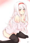  absurdres bare_shoulders black_legwear blush breasts cleavage collared_shirt gradient gradient_background hairband headband highres kantai_collection logical long_hair long_sleeves looking_at_viewer medium_breasts no_pants off_shoulder open_mouth panties parted_lips pink_background shirt shoukaku_(kantai_collection) side-tie_panties sitting solo thighhighs twitter_username underwear undressing white_background white_hair white_shirt 
