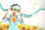  aqua_hair arms_up artist_name bare_shoulders blue_shirt closed_eyes closed_mouth collarbone commentary floating_hair flower hair_flower hair_ornament hatsune_miku headphones lips listening_to_music long_hair long_sleeves motion_blur off-shoulder_shirt petals shirt smile solo sunflower_petals twintails upper_body vocaloid watermark web_address wenqing_yan wind 