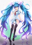  absurdly_long_hair absurdres aqua_hair blue_eyes dress finger_to_mouth full_body hatsune_miku highres long_hair no_panties qingye_ling sailor_dress short_dress smile solo thighhighs twintails very_long_hair vocaloid 