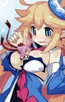  &gt;_&lt; :d ahoge attouteki_yuugi_mugen_souls attouteki_yuugi_mugen_souls_z between_breasts blonde_hair blue_eyes blush blush_stickers body_blush bow breasts chibi chou_chou chou_chou_egotistical clenched_hand closed_eyes detached_sleeves fang hair_bow hair_ornament hair_ribbon highres large_breasts long_hair multiple_girls nanameda_kei necktie non-web_source official_art open_mouth pink_hair pointy_ears ribbon shilma_(mugen_souls) skirt smile very_long_hair 