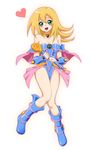  :d bare_shoulders blonde_hair blue_footwear blush_stickers boots bracer breasts chiyo_(no3baki) choker cleavage commentary dark_magician_girl duel_monster full_body green_eyes heart knees_together_feet_apart large_breasts long_hair looking_at_viewer no_hat no_headwear open_mouth pentacle smile solo staff yuu-gi-ou yuu-gi-ou_duel_monsters 