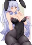  animal_ears bangs bare_shoulders black_legwear blunt_bangs breasts bunny_ears bunnysuit cleavage covered_navel fake_animal_ears finger_to_mouth hair_ribbon hairband highres kantai_collection large_breasts lavender_hair long_hair looking_at_viewer md5_mismatch murakumo_(kantai_collection) orange_eyes pantyhose red_ribbon ribbon solo suiren_(mystia6b) tress_ribbon wide_hips 