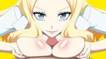  ansatsu_kyoushitsu blonde_hair blue_eyes breast_squeeze breasts breasts_outside censored clothed_female_nude_male highres irina_jelavic large_breasts long_hair looking_at_viewer lying mosaic_censoring open_clothes paizuri penis simple_background smile solo_focus yellow_background 