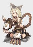  animal_ears arm_strap bangs blonde_hair boots braid center_opening claw_(weapon) claw_pose collar elbow_gloves erune eyebrows eyebrows_visible_through_hair fang flipped_hair full_body gloves granblue_fantasy grey_background hair_between_eyes highres hip_vent hizakozouzu hood huge_weapon kneeling long_hair looking_at_viewer midriff miniskirt open_mouth pleated_skirt red_eyes sen_(granblue_fantasy) shadow single_braid skirt solo weapon 