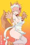  :o animal_ears apron arm_garter bell bell_collar blush breasts chromatic_aberration cleavage collar fang fate/grand_order fate_(series) fox_tail gloves headdress large_breasts long_hair looking_at_viewer naked_apron open_mouth paw_gloves paw_print paw_shoes paws pink_hair revision shoes simple_background solo tail tamamo_(fate)_(all) tamamo_cat_(fate) thighhighs utu_(ldnsft) yellow_eyes 