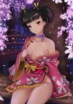  absurdres bangs bare_shoulders black_hair blunt_bangs bow breasts bride brown_eyes cherry_blossoms choker closed_mouth collarbone cowboy_shot eyelashes fire floral_print flower frills hair_ribbon highres japanese_clothes kimono koutetsujou_no_kabaneri lantern long_sleeves looking_at_viewer md5_mismatch mumei_(kabaneri) naked_kimono night nipple_slip nipples nonoririn obi off_shoulder petals purple_ribbon red_eyes revision ribbon ribbon_choker sash short_hair short_kimono sidelocks sitting small_breasts smile solo tree twintails wide_sleeves 