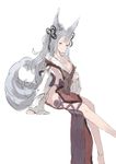  akiha_(attract) animal_ears anklet bad_id bad_twitter_id barefoot blue_eyes breasts cleavage detached_sleeves erune fur_trim granblue_fantasy jewelry medium_breasts pelvic_curtain sideboob silver_hair simple_background sitting socie_(granblue_fantasy) solo tail white_background wide_sleeves 