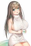  1girl aran_sweater bake_neko_maru bare_back bare_shoulders blush breasts brown_hair cowboy_shot dress green_eyes hairband large_breasts looking_at_viewer meme_attire naked_sweater open_mouth original pink_lips sideboob signature sitting sleeveless sleeveless_turtleneck sweater sweater_dress thighs turtleneck turtleneck_sweater virgin_killer_sweater white_hairband 