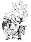  araki_hirohiko_(style) brooch contrapposto crazy_diamond crosshatching earrings echoes_(stand) foreshortening from_above gakuran greyscale hand_on_hip heart higashikata_jousuke jewelry jojo_no_kimyou_na_bouken liberty_(rirodorirait) monochrome official_style pompadour reaching school_uniform stand_(jojo) standing star_platinum the_hand_(stand) zipper 