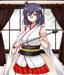  &gt;:) bare_shoulders bespectacled black_hair breasts commentary_request curtains detached_sleeves floral_print glasses hair_ornament headgear japanese_clothes kantai_collection kuon_(nokokopopo) large_breasts nontraditional_miko pleated_skirt red_eyes red_skirt riding_crop semi-rimless_eyewear short_hair skirt smile solo v-shaped_eyebrows wide_sleeves window yamashiro_(kantai_collection) 