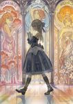  art_nouveau bare_shoulders book boots brown_hair carrying dress elbow_gloves from_side full_body gloves hair_ribbon hjl layered_dress long_hair pixiv_fantasia pixiv_fantasia_t purple_gloves red_eyes reflection reflective_floor ribbon signature silver_hair solo stained_glass strapless strapless_dress walking 