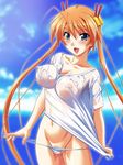  bell blush breasts hair_bell hair_ornament heterochromia kagurazaka_asuna long_hair mahou_sensei_negima! multicolored_eyes mutou_keiji nipples orange_hair outdoors panties panty_pull pulled_by_self see-through shirt solo twintails wet wet_shirt 