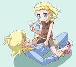  1girl bike_shorts blonde_hair brother_and_sister child citron_(pokemon) eureka_(pokemon) girl_on_top licking_lips loli open_mouth pokemon porocha short_hair shota siblings sweat tongue_out 