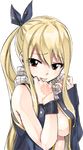 blonde_hair blue_ribbon blue_shirt breasts brown_eyes fairy_tail highres large_breasts long_hair lucy_heartfilia mashima_hiro open_clothes open_shirt ribbon scarf shirt solo tattoo transparent_background white_scarf 