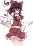  absurdres ascot bare_shoulders blush bow brown_hair detached_sleeves fingers hair_bow hair_tubes hakurei_reimu highres iwashi_(nisankatanso) large_bow long_hair miniskirt navel ofuda outstretched_hand red_eyes serious skirt solo touhou tsurime 