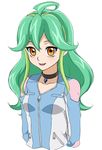  :d ahoge alternate_hair_length alternate_hairstyle bad_id bad_pixiv_id blush chiyo_(no3baki) choker commentary_request earrings green_hair jewelry long_sleeves looking_at_viewer multicolored_hair open_mouth partial_commentary rin_(yuu-gi-ou_arc-v) smile solo two-tone_hair upper_body white_background yellow_eyes yuu-gi-ou yuu-gi-ou_arc-v zipper 