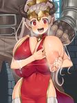  1girl aliza_(granblue_fantasy) bare_shoulders blush breasts china_dress chinese_clothes cleavage_cutout draph dress earrings gigantic_breasts granblue_fantasy hair_pulled_back hand_on_another's_shoulder heart heart-shaped_pupils hetero horns jewelry lactation lactation_through_clothes long_hair looking_at_viewer milk nipples obui open_mouth pointy_ears ponytail puffy_nipples red_dress red_eyes silver_hair solo_focus symbol-shaped_pupils thighhighs white_legwear 