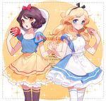  :o adapted_costume alice_(wonderland) alice_in_wonderland apple apron artist_name bad_id bad_pixiv_id bangs black_bow black_hair black_legwear blonde_hair blue_dress blue_eyes blush border bow company_connection cookie copyright_name cowboy_shot crossover disney dotted_line dress eyebrows eyebrows_visible_through_hair food frilled_dress frills fruit hair_bow hairband heart holding holding_food holding_fruit holding_hands long_hair looking_at_viewer messy_hair multiple_girls open_mouth orange_eyes pleated_dress puffy_short_sleeves puffy_sleeves red_bow seoji short_hair short_sleeves skirt snow_white_and_the_seven_dwarfs sparkle swept_bangs thighhighs watermark web_address white_legwear yellow_skirt 