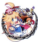  3girls :d ahoge arms_up attouteki_yuugi_mugen_souls attouteki_yuugi_mugen_souls_z belt between_breasts blonde_hair blue_eyes blue_hair blush blush_stickers breasts brown_hair chain chibi chou_chou chou_chou_egotistical cleavage coffin dark_skin detached_sleeves double_v fire flame goggles goggles_on_head hair_ribbon holding holding_sword holding_weapon large_breasts long_hair long_sleeves multiple_girls nanameda_kei nao_(mugen_souls) necktie non-web_source official_art on_head open_mouth outstretched_arm pleated_skirt pointing ponytail red_eyes ribbon ryuuto_(mugen_souls) shilma_(mugen_souls) skirt smile sparkle sword thighhighs v v-shaped_eyebrows very_long_hair weapon white_background white_legwear 