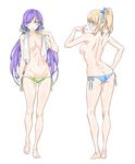  areolae ass ayase_eli bare_legs barefoot bikini bikini_bottom blonde_hair blue_bikini_bottom blue_eyes blue_ribbon breasts butt_crack contrapposto from_behind full_body green_bikini_bottom green_eyes green_ribbon groin hair_ribbon hand_on_hip highres kneepits large_breasts love_live! love_live!_school_idol_project low_twintails lowleg lowleg_bikini multiple_girls navel profile purple_hair ribbon short_ponytail side-tie_bikini sideboob simple_background standing swimsuit topless toujou_nozomi towel towel_around_neck twintails white_background white_towel yohan1754 