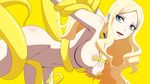  ansatsu_kyoushitsu areolae arm_grab armpits ass blonde_hair blue_eyes breasts choker highres irina_jelavic large_breasts legs long_hair looking_at_viewer mound_of_venus navel nipple_tweak nipples nude parted_lips simple_background solo_focus tentacle thighs yellow_background 