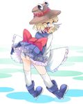  ass blonde_hair blue_eyes boots dorsiflexion hair_ribbon hat hat_ribbon highres kanabun long_sleeves looking_at_viewer miniskirt moriya_suwako open_mouth over-kneehighs panties pantyshot petticoat pleated_skirt ribbon skirt solo striped striped_panties thighhighs touhou underwear wide_sleeves 