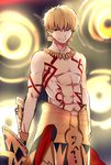  abs armor blonde_hair ea_(fate/stay_night) fate/grand_order fate/stay_night fate_(series) gate_of_babylon gauntlets gilgamesh greatpengh highres holding holding_weapon jewelry looking_at_viewer male_focus necklace open_mouth red_eyes shirtless smile solo tattoo weapon 