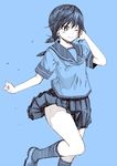  ;) anchor_symbol blue blue_background closed_mouth fubuki_(kantai_collection) kantai_collection kneehighs kouji_(campus_life) low_ponytail monochrome one_eye_closed pleated_skirt ponytail short_hair short_ponytail short_sleeves simple_background sketch skirt smile solo 