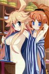  :/ ahoge attouteki_yuugi_mugen_souls attouteki_yuugi_mugen_souls_z basket blonde_hair blue_eyes blush body_blush breasts brown_hair clothes_removed groin hair_censor hair_ornament hair_scrunchie highres large_breasts long_hair looking_at_another multiple_girls nanameda_kei nao_(mugen_souls) navel non-web_source off_shoulder official_art ponytail robe scrunchie shelf shilma_(mugen_souls) small_breasts striped undressing very_long_hair 