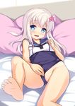  :d bangs barefoot bed_sheet blue_eyes blush feet flower hair_flower hair_ornament kantai_collection long_hair looking_at_viewer lying on_back one-piece_swimsuit one-piece_tan open_mouth pillow ro-500_(kantai_collection) safi school_swimsuit smile solo swimsuit swimsuit_aside swimsuit_under_clothes tan tanline white_hair 