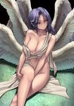  absurdres bare_legs blue_hair blush breasts cleavage collarbone commentary_request crescent expressionless facial_mark forehead_tattoo groin head_tilt highres knee_up large_breasts leg_hold lips long_hair looking_at_viewer midriff multiple_wings navel original parted_lips red_eyes revealing_clothes ryuki@maguro-ex seraph solo stomach tunic unfinished white_wings wings 