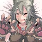  animal_ears blush cat_ears cat_paws claw_pose claws erune granblue_fantasy grey_hair highres kuromu_(underporno) looking_at_viewer lying on_back open_mouth paws red_eyes sen_(granblue_fantasy) smile solo tongue tongue_out 