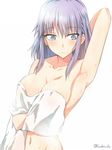  arm_up armpits breasts cleavage collarbone covering dagashi_kashi drying drying_body kanden_suki large_breasts lavender_eyes lavender_hair navel nude_cover shidare_hotaru solo towel wet 