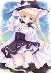  animal_ears black_legwear blonde_hair cape cat_ears cat_tail dress fang hat large_hat long_hair looking_at_viewer mizuse_ruka open_mouth original paw_pose solo tail thighhighs twintails 