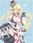  american_flag_legwear blonde_hair blue_eyes blush breasts chemaru_(a8l) cleavage elbow_gloves fingerless_gloves gloves iowa_(kantai_collection) kantai_collection large_breasts long_hair looking_at_viewer navel one_eye_closed open_mouth panties pantyshot skirt solo thighhighs torn_clothes torn_legwear torn_skirt turret underwear white_gloves 