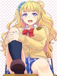  asymmetrical_hair blonde_hair blue_eyes blush breasts cardigan earrings galko highres inanaki_shiki jewelry large_breasts leg_up long_hair looking_at_viewer one_side_up open_mouth oshiete!_galko-chan polka_dot polka_dot_background school_uniform scrunchie side_bun sitting skirt smile solo sweater 