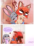  anthro bathroom blush canid canine comic disney duo female flower fox judy_hopps lagomorph male mammal nibbling nick_wilde peanut.k plant rabbit zootopia 